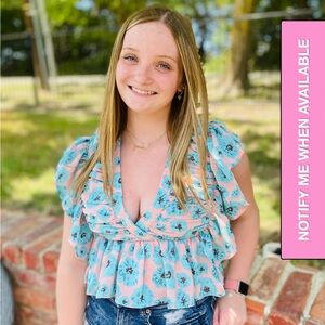 Entro Floral Blush Summer Flower Flirty Blouse in Blue and Pink Size Large